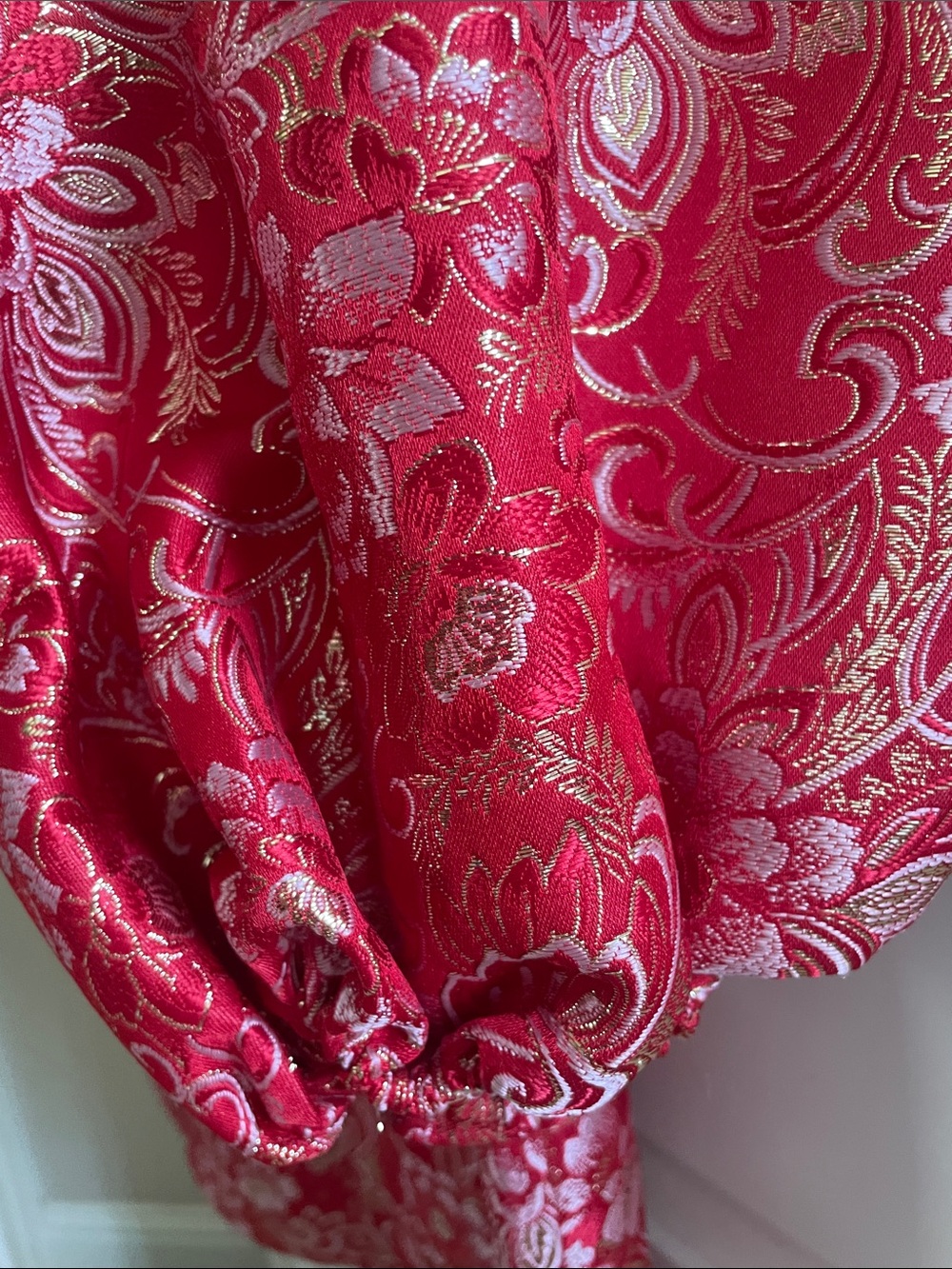 Red Floral Brocade Long Sleeve Dress - Elegant Evening Wear